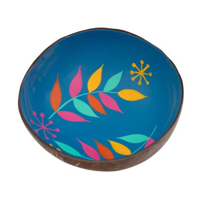 Kokosnuss-Schale in Blau mit Blüten-Motiv