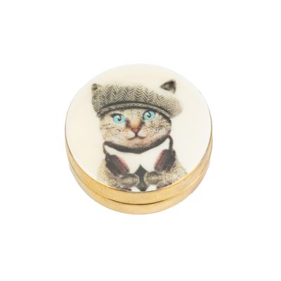 Dose aus Messing in Creme mit Katzen-Motiv