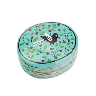 Dose aus Pappmaschee in Blau mit Vogel-Motiv