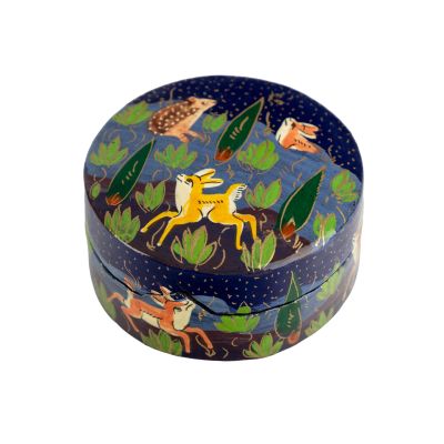 Dose aus Pappmaschee mit Waldtieren-Motiv