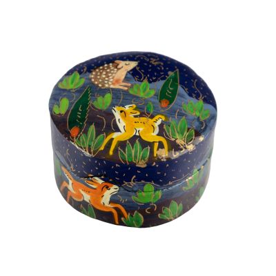 Kleine Dose aus Pappmaschee mit Waldtieren-Motiv