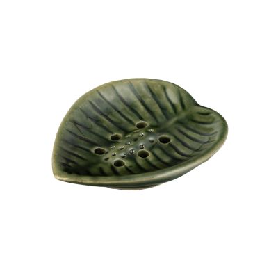 Seifenschale aus Keramik in Grün in Blatt-Form